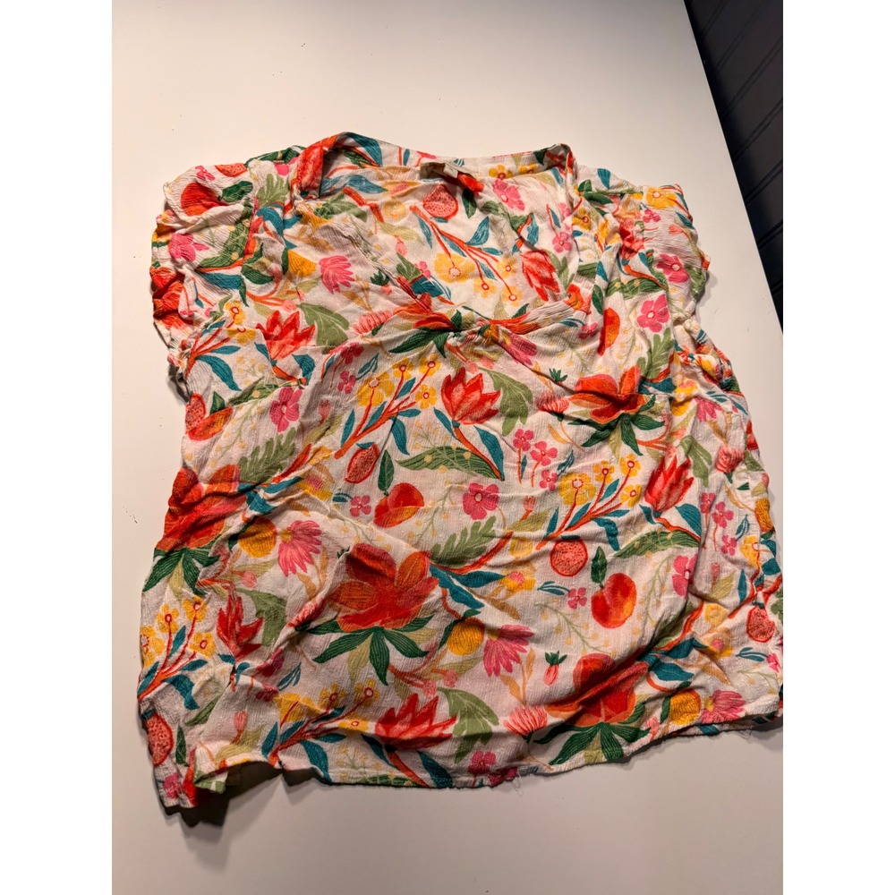 Cynthia Rowley Woman Floral Fruit Print Rayon V-Neck Blouse Multi-Color 1X